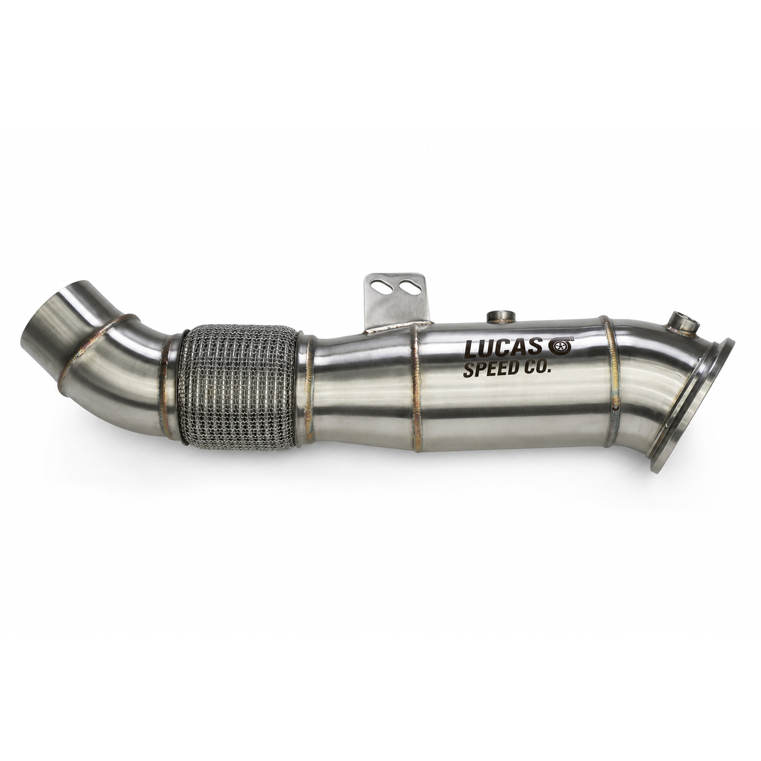 Lucas Speed Co catless downpipe for BMW B58 Gen 2 — studio product photo