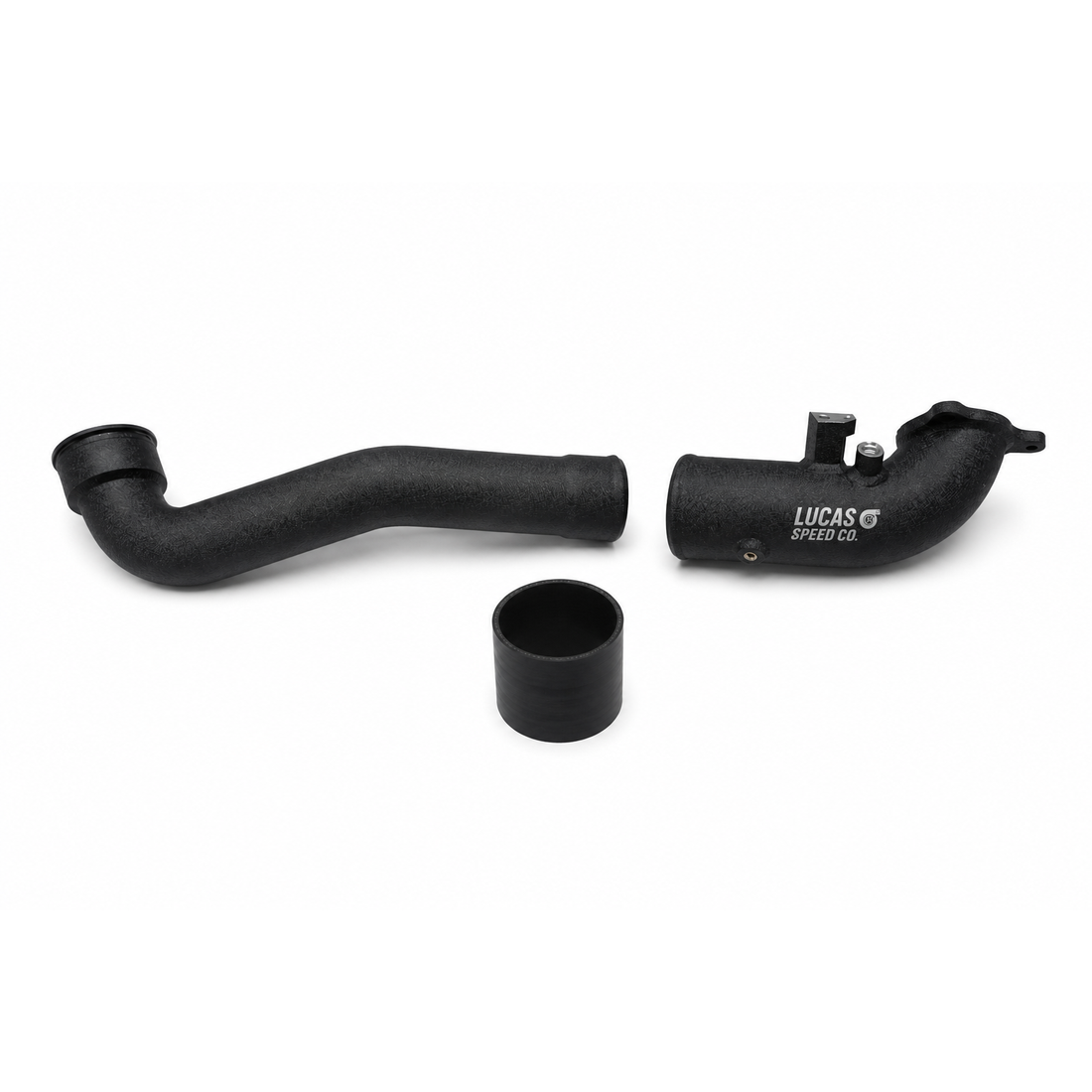 Lucas Speed Co aluminum charge pipe for BMW B58 Gen 1 — studio product photo