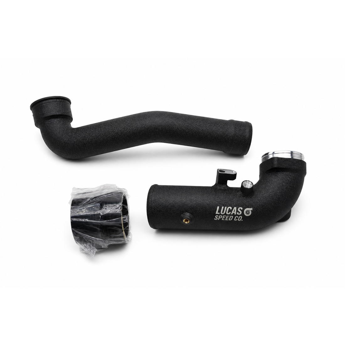 Lucas Speed Co aluminum charge pipe for BMW B58 Gen 2 — studio product photo