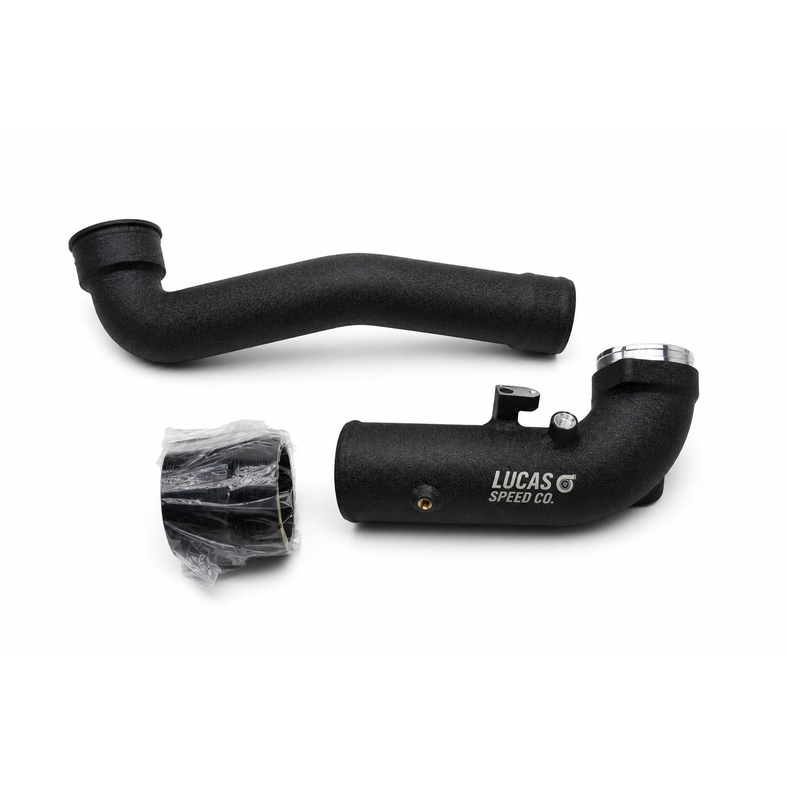 Lucas Speed Co aluminum charge pipe for BMW B58 Gen 2 — studio product photo