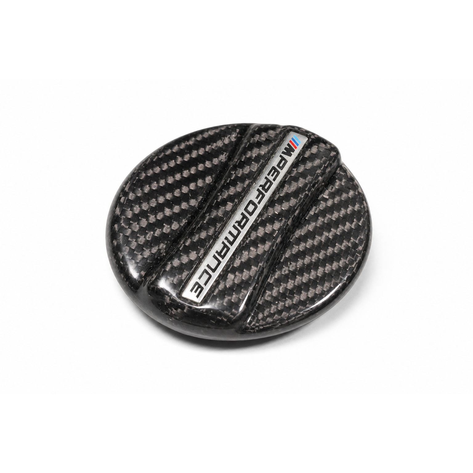 Lucas Speed Co carbon fiber gas cap cover for BMW — studio product photo
